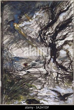 'Le Chêne et le roseau' de Gustave Moreau représente la célèbre fable du chêne et du roseau. La scène contraste force et flexibilité, mettant l'accent sur des thèmes symboliques à travers les figures du chêne et du roseau. Banque D'Images