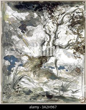 'Le Chêne et le roseau' de Gustave Moreau interprète la fable du chêne et du roseau, symbolisant force et souplesse. La peinture contraste les deux figures avec une richesse symbolique et un équilibre soigné de la forme et de l'espace. Banque D'Images