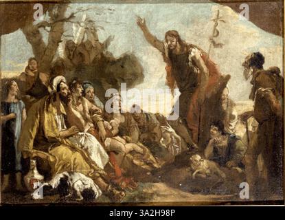 'San Giovanni Battista predica alla folla' de Giovanni Battista Tiepolo représente Saint Jean Baptiste prêchant à la foule. La peinture capture l'intensité du moment et reflète l'accent baroque mis sur l'expression émotionnelle. Banque D'Images