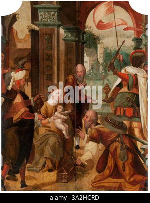 L'Adoration des Mages, attribuée à l'atelier de Pieter Coecke van Aelst, représente les trois Rois présentant des cadeaux à l'enfant Jésus. La pièce se caractérise par ses figures détaillées et sa riche palette de couleurs, reflétant la dévotion de la Renaissance et le récit biblique. Banque D'Images