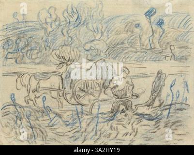 Un dessin du XIXe siècle de Vincent van Gogh représentant une scène rurale aux détails complexes, mettant en valeur la texture et le mouvement du paysage. Banque D'Images
