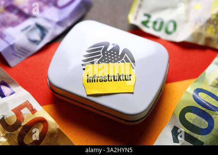 FOTOMONTAGE, Box mit Bundesadler und Preisetikett mit Aufschrift Infrastruktur, Finanzpaket Sondervermögen *** FOTOMONTAGE, boîte avec aigle fédéral et étiquette de prix avec inscription infrastructure, paquet financier actifs spéciaux Banque D'Images