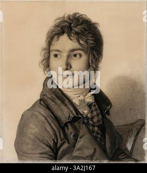 Une étude de Jean-Auguste-Dominique Ingres réalisée en 1806 par Jean-Charles Auguste Simon, rendue à la craie noire avec des reflets blancs. L’œuvre capture le sujet avec des ombres délicates et une représentation précise de la forme et de la texture. Le dessin souligne la maîtrise d'Ingres dans la transmission des détails et du volume. Banque D'Images