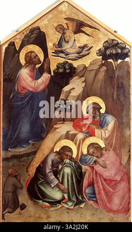 'Orazione di Cristo nell'orto di Getsemani' dépeint le moment de la prière du Christ dans le jardin de Gethsémani, une scène charnière de la passion, rendue dans le style Renaissance précoce. Banque D'Images