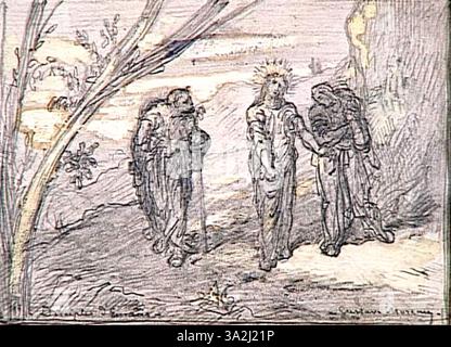 *Les disciples d'Emmaüs* montre le moment où deux disciples reconnaissent le Christ ressuscité. Moreau saisit la révélation avec une lumière dramatique et des figures expressives, en mettant l’accent sur les thèmes de la foi et de la reconnaissance. Banque D'Images