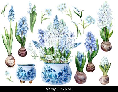 Jeu de ressorts. Illustration aquarelle d'une composition dans un pot peint de jacinthes et de Forget-me-Nots. Le dessin est dessiné à la main sur un fond blanc dans des couleurs pastel. Convient pour cartes, invitations et textiles. Composition prête pour bannière de printemps Banque D'Images
