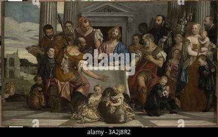Les pèlerins d'Emmaüs de Véronèse dépeint la révélation du Christ à deux disciples après sa résurrection. L’artiste met l’accent sur le mouvement et la révélation divine à travers une composition dynamique et des couleurs vives. Banque D'Images