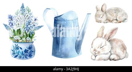 Jeu de ressorts. Illustration aquarelle de lapins, arrosoir bleu, jacinthes et Forget-me-nots. Le dessin est dessiné à la main sur un fond blanc dans des couleurs pastel. Convient pour cartes, invitations et textiles. Composition prête pour bannière de printemps Banque D'Images