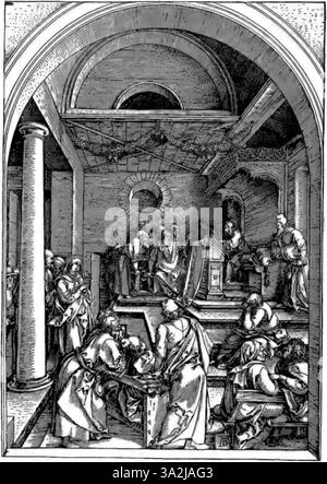 Cette gravure de Dürer capture la dimensionnalité et la texture d’une scène religieuse ou mythologique à travers des ombres fines et un travail au trait précis. Banque D'Images