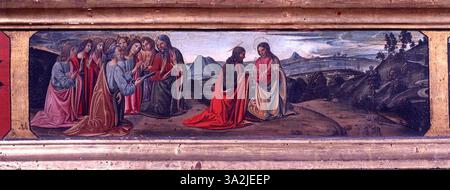 Cette œuvre de Cosimo Rosselli dépeint l'histoire biblique du Thomas douteux, où Saint Thomas est montré douter de la résurrection du Christ jusqu'à ce qu'il place ses mains sur les blessures du Christ. La peinture est caractéristique de la capacité de Rosselli à capturer des moments émotionnels dans des scènes religieuses. Banque D'Images