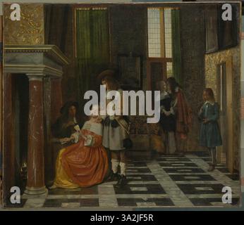Cette peinture de Pieter de Hooch représente des joueurs de cartes dans un intérieur élégamment décoré. Les figurines sont engagées dans un jeu détendu, et le cadre détaillé souligne l'opulence de l'environnement. Banque D'Images