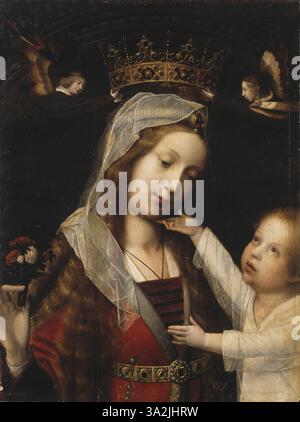 Cette peinture du XVIe siècle de Jan Provoost représente la Vierge tenant le Christ enfant. La composition sereine met en évidence le lien maternel entre Marie et Jésus, un sujet commun dans les religieux fermés Banque D'Images