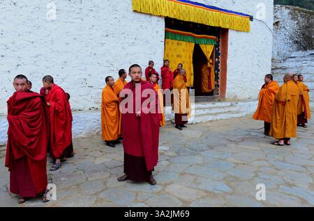 13 avril 2014 - Paro, Bhoutan - moines bouddhistes près du monastère de Paro Dzong dans le Royaume du Bhoutan. Le bouddhisme pratiqué dans le pays aujourd'hui est une religion vibrante qui imprègne presque toutes les facettes du style de vie bhoutanais. (Crédit image : © Prasanta Biswas/ZUMA Wire/ZUMAPRESS.com) Banque D'Images