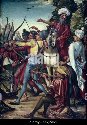 « Die marter des heiligen Sebastian » (le martyre de Saint Sébastien), attribué au maître du diptyque de Sébastien, représente la scène dramatique du martyre de Saint Sébastien. L'œuvre d'art illustre religieux compris entre le 15e et le 16e siècle Banque D'Images