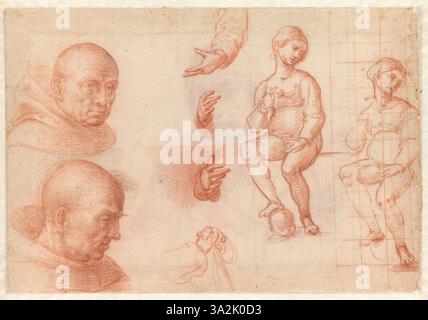 Ce croquis de Fra Bartolommeo présente la Vierge, dans le cadre de son travail préparatoire à la Vierge de Carondelet. Il se concentre sur l’étude de sa posture et de son expression faciale, capturant une représentation sereine et sacrée de la Vierge. Banque D'Images