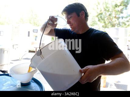 26 mai 2014 - Livermore, CA, États-Unis - Eric Johnson, vétéran de l'armée, de Fremont, Calif, verse une Amber Ale à Uncle Sam's Misided Brewery à Livermore, Calif, le lundi 26 mai 2014. La brasserie est dirigée par d'autres vétérans et copropriétaires Josh laine et Fara Eve Barnes. (Crédit image : © Susan Tripp Pollard/MCT/ZUMAPRESS.com) Banque D'Images