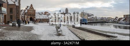 Panorama de la vieille ville et du port avec barrière d'eau, l'église de Mary et l'église de George par temps enneigé, cité hanséatique de Wismar, Mecklenbur Banque D'Images