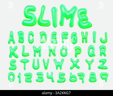 vecteur de style 3d de l'alphabet de slime vert néon et des chiffres sur fond blanc Illustration de Vecteur