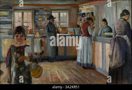 'Vrengen landhandel' d'Edvard Munch, peint en 1888, dépeint une scène rurale générale de magasin. L'œuvre capture les moments tranquilles de la vie quotidienne, avec l'exploration caractéristique de Munch des personnes et des lieux dans les environnements norvégiens. Banque D'Images