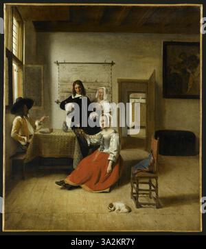 Le tableau de Pieter de Hooch représente une jeune femme buvant dans un intérieur, accompagnée de deux hommes et d’une femme de ménage. La lumière douce et les interactions subtiles mettent en valeur la scène sociale quotidienne. Banque D'Images