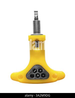 Tournevis réversible à cliquet jaune isolé sur blanc Banque D'Images