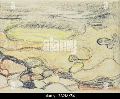 Ce dessin pastel d'Edvard Munch, intitulé 'mélancolie : étude de rochers et bord de mer', représente un paysage marin mélancolique avec des rivages rocheux, créé avant 1944. Banque D'Images