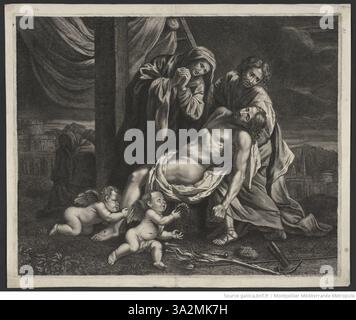 'La déposition de Croix' d'Étienne Picart représente le moment de la descente du Christ de la croix. La peinture capture la nature sombre et solennelle de la mort du Christ, soulignant le chagrin de la Vierge Marie et des autres autour de lui. Banque D'Images