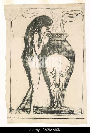 'La femme à l'urne' d'Edvard Munch montre une femme debout à côté d'une urne, son expression reflétant la contemplation ou le deuil. La palette de couleurs sombres rehausse l'atmosphère introspective et émotionnelle de la peinture. Banque D'Images