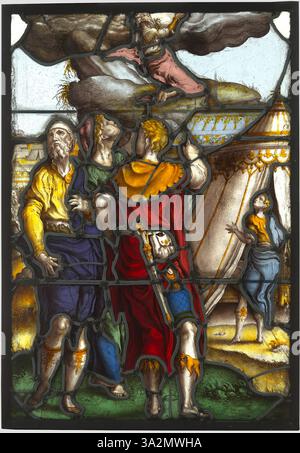 La représentation de Moïse sur le mont Sinaï par Pieter Coecke van Aelst montre la figure biblique recevant les dix Commandements, illustrée de figures précises et d'une utilisation dramatique de la lumière et de l'ombre. L'œuvre capture le moment biblique avec clarté. Banque D'Images