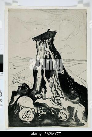 La «marche funéraire» de Munch dépeint un cortège funéraire dans des couleurs discrètes, avec des figures incarnant le chagrin et le deuil. La peinture se concentre sur le poids émotionnel de la mort et de la perte. Banque D'Images