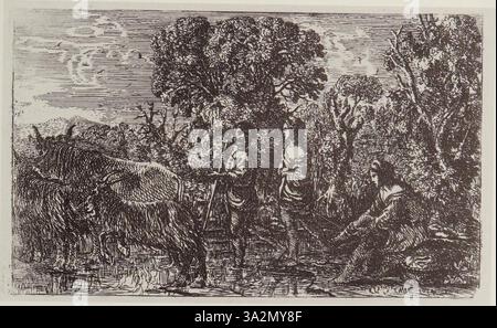 Cette peinture de Claude Lorrain du XVIIe siècle représente des personnages dans un paysage tranquille, où lumière, profondeur et nature sont harmonieusement équilibrés pour créer une atmosphère paisible et sereine. Banque D'Images