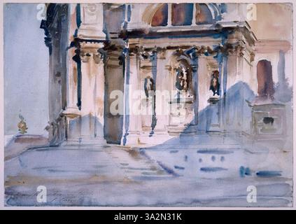 Ce tableau représente l'emblématique Santa Maria della Salute à Venise, avec son architecture spectaculaire et le rendu détaillé de la grande église contre le ciel vénitien. Banque D'Images