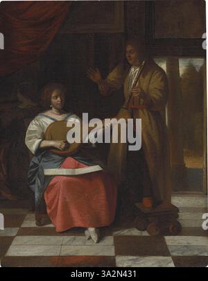 Cette version recadrée de la peinture de Pieter de Hooch représente un trio musical dans un intérieur. L'utilisation de la lumière accentue l'atmosphère harmonieuse, en se concentrant sur les figures et leurs instruments. Banque D'Images