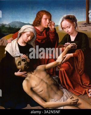 « The Lamentation » de Gerard David dépeint la scène tristement douloureuse du corps du Christ endeuillé par la Vierge Marie, Jean et d'autres figures, mettant l'accent sur le chagrin et la révérence religieuse. Banque D'Images