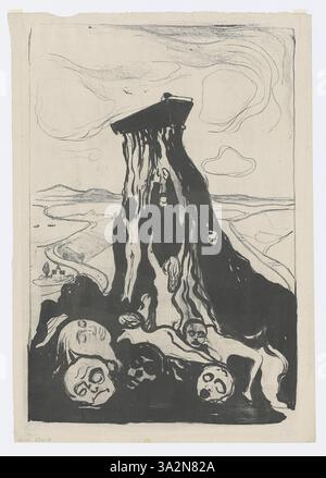 Dans cette interprétation de 'Funeral March', Munch explore le voyage douloureux d'un cortège funéraire, évoquant des émotions de tristesse et de révérence à travers des traits audacieux et des couleurs sombres. Banque D'Images