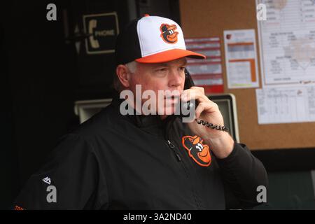 2 août 2014 - Baltimore, MD, États-Unis d'Amérique - Buck Showalter, directeur des Orioles de Baltimore (26). Seattle Mariners vs Baltimore Orioles à Oriole Park à Camden Yards à Baltimore, Maryland le 2 août 2014. Photo : Mike Buscher/Cal Sport Media(crédit image : © Mike Buscher/Cal Sport Media/ZUMAPRESS.com) Banque D'Images