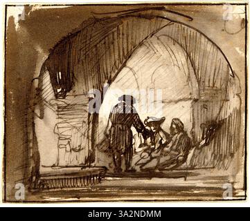 Une pièce du cercle de Rembrandt, représentant Joseph attendant ses codétenus dans un intérieur voûté. La composition met l’accent sur la lumière et l’ombre dramatiques, une signature du style de Rembrandt. Banque D'Images