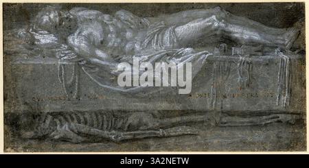 Cette étude de Véronèse représente un Christ mort allongé sur un bloc avec une inscription latine, accompagné d'un squelette sous lui. La composition explore les thèmes de la mortalité et de la transitoires de la vie, typiques des religieux de la Renaissance Banque D'Images