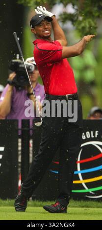 3 août 2014 - Akron, OH, États-Unis - Tiger Woods réagit à un mauvais tir au départ sur le 5e trou lors de la dernière manche du tournoi de golf sur invitation Bridgestone du Championnat du monde de golf dimanche 3 août 2014 au Firestone Country Club à Akron, Ohio. (Crédit image : © Ed Suba Jr/MCT/ZUMA Wire) Banque D'Images