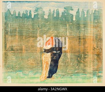 'Vers la forêt II' d'Edvard Munch dépeint une figure solitaire marchant vers une forêt dense. La peinture symbolise le voyage dans l’inconnu, le style caractéristique de Munch mettant l’accent sur la profondeur psychologique et l’introspection. Banque D'Images