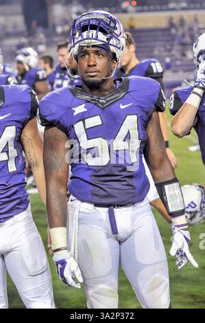 30 août 2014 : . Marcus Mallet (54), linebacker de la TCU Horned Frogs, après un match de football NCAA de game.in entre les Bulldogs de Samford et les Horned Frogs de la TCU au stade Amon G. carter à Fort Worth, Texas. . (Crédit image : © Manny Flores/Cal Sport Media/ZUMAPRESS.com) Banque D'Images