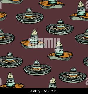 Patterm sans couture avec chapeau sombrero ethnique mexicain. Illustration de dessin vectoriel pour emballage, papier peint, tissu. Wild West, Mexique, Cuba concept Illustration de Vecteur
