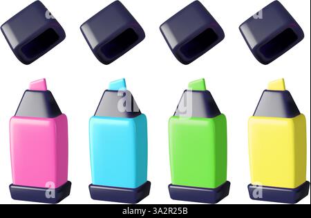 Mettez en évidence les stylos marqueurs 3d vecteur réaliste différentes couleurs de bureau fixes ensemble d'illustrations Illustration de Vecteur