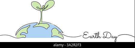 Dessin d'art d'une ligne jour de la Terre avec texte de style manuscrit et pousses vertes poussant sur la planète bleue Illustration de Vecteur
