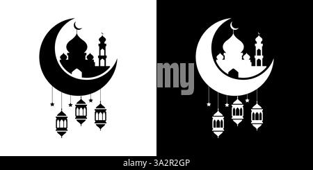 Design culturel de l'Eid Moubarak avec Mosquée et silhouette du croissant de lune Illustration de Vecteur