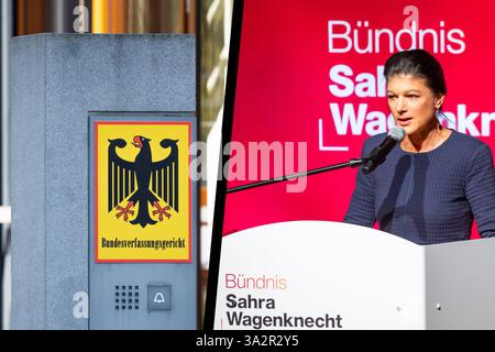Allemagne - 13 mars 2025 : PHOTOMONTAGE, logo de la Cour constitutionnelle fédérale Karlsruhe à côté d'une photo de Sahra Wagenknecht BSW, Alliance Sahra Wagenknecht. La BSW a déposé une demande de recomptage des élections au Bundestag *** FOTOMONTAGE, logo vom Bundesverfassungsgericht Karlsruhe neben einem Bild von Sahra Wagenknecht BSW, Bündnis Sahra Wagenknecht. DAS BSW Hat einen Antrag auf Neuauszählung der Bundestagswahl gestellt Banque D'Images