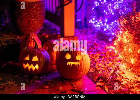 Décoration d’Halloween Jack O’Lanterns États-Unis | ÉTATS-UNIS — Des Jack-O’-Lanterns sculptés à la main brillent contre un perron jonché de feuilles, leurs visages triangulaires et munis de crocs éclairés de l’intérieur devant un fond de guirlandes lumineuses violettes. La tradition de sculpter des lanternes végétales illuminées pour Halloween remonte aux immigrants irlandais et écossais, qui ont apporté les coutumes de sculpture de navet en Amérique au XIXe siècle avant que les citrouilles ne deviennent le médium standard. Banque D'Images