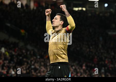 Mikel Oyarzabal de la Real Sociedad célèbre son objectif de faire 0-1 lors de l'UEFA Europa League dernier match Manchester United vs Real Sociedad à Old Trafford, Manchester, Royaume-Uni, 13 mars 2025 (photo de Craig Thomas/News images) Banque D'Images