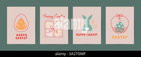 Carte Easster mignon, bannière, vente, tentations d'invitation. Printemps brillants cartes verticales avec poussin, lapin, oeuf, panier. Illustration de Vecteur