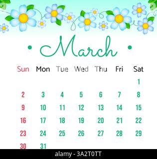 Page de calendrier pour mars 2025 avec des fleurs et des feuilles printanières mignonnes. La semaine commence le dimanche. Style plat d'illustration vectorielle. Modèle de calendrier pour le 2 mars Illustration de Vecteur